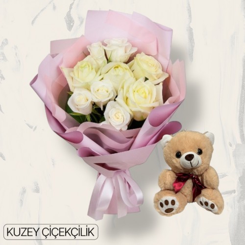 9 Beyaz Gül Buketi Ayıcık