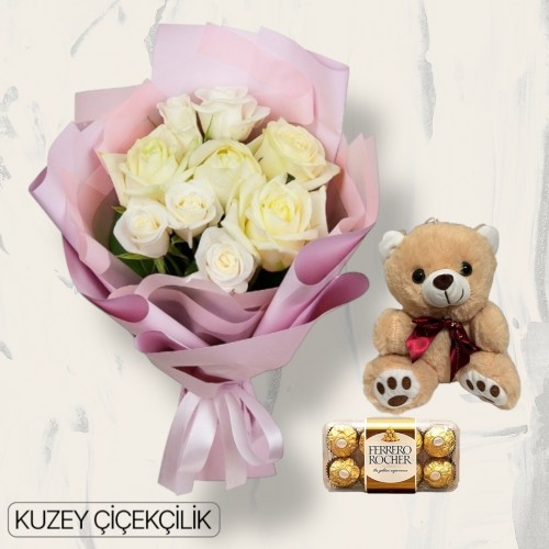 9 Beyaz Gül Buketi Ayıcık 16'lı Ferrero Çikolata