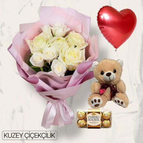 9 Beyaz Gül Buketi Ayıcık 16'lı Ferrero Çikolata Kalp Helyum Balon