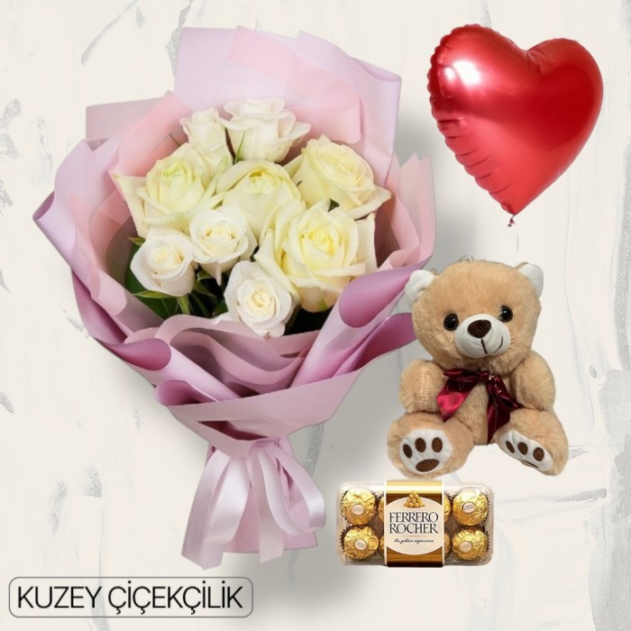 9 Beyaz Gül Buketi Ayıcık 16lı Ferrero Çikolata Kalp Helyum Balon