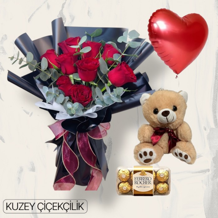 9 Kırmızı Gül Buketi 16lı Ferrero Çikolata Ayıcık Kalp Helyum Balon