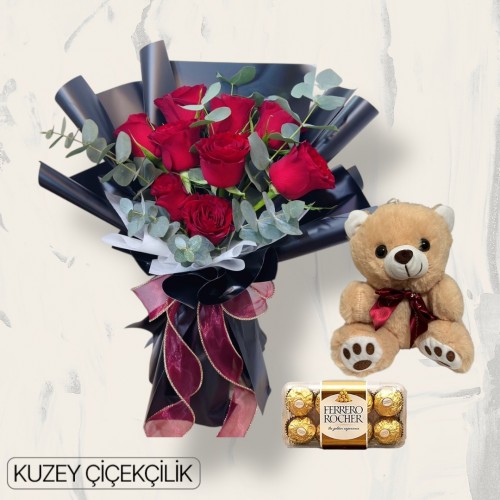 9 Kırmızı Gül Buketi 16'lı Ferrero Çikolata ve Ayıcık