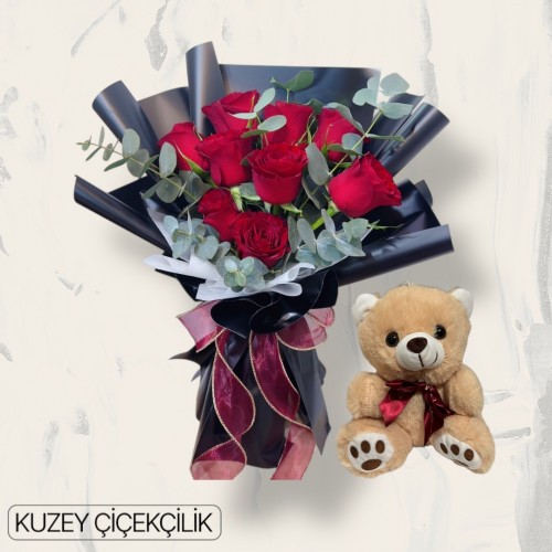 9 Kırmızı Gül Buketi Ayıcık