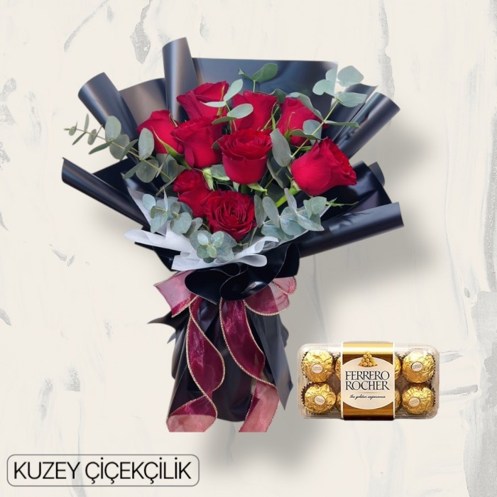 9 Kırmızı Gül Buketi 16lı Ferrero Çikolata