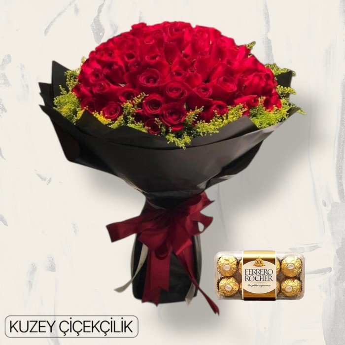 81 Kırmızı Gül Buketi 16lı Ferrero Çikolata