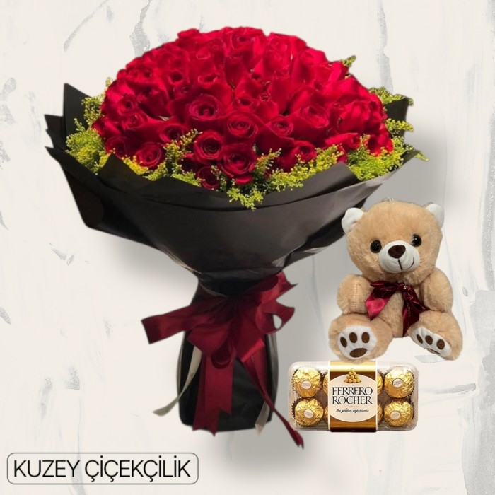 81 Kırmızı Gül Buketi 16lı Ferrero Çikolata ve Ayıcık