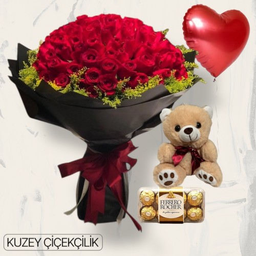 81 Kırmızı Gül Buketi 16'lı Ferrero Çikolata Ayıcık Kalp Helyum Balon