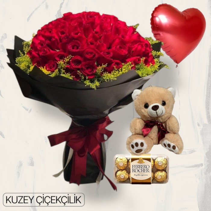 81 Kırmızı Gül Buketi 16lı Ferrero Çikolata Ayıcık Kalp Helyum Balon