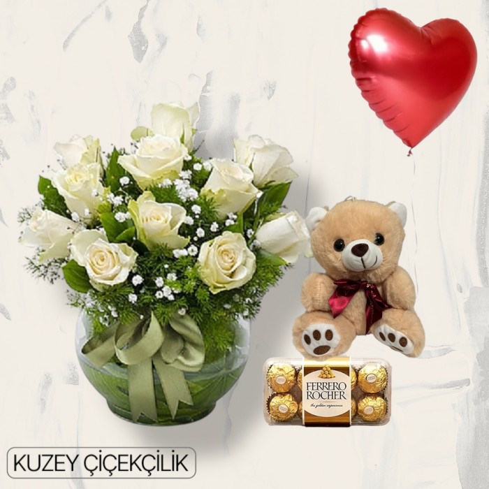 Akvaryumda 11 Beyaz Gül Ayıcık 16lı Ferrero Çikolata Kalp Helyum Balon