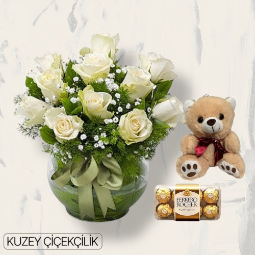 Akvaryumda 11 Beyaz Gül Ayıcık 16'lı Ferrero Çikolata