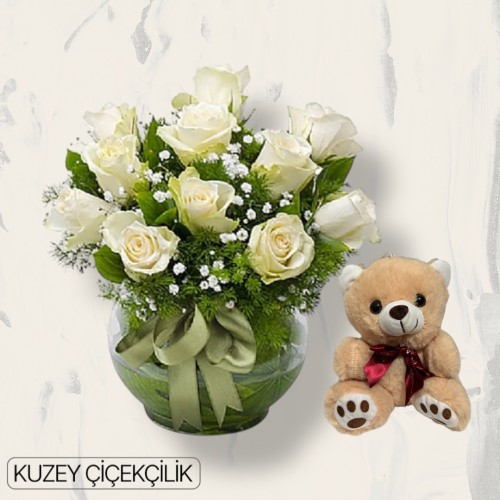 Akvaryumda 11 Beyaz Gül Ayıcık