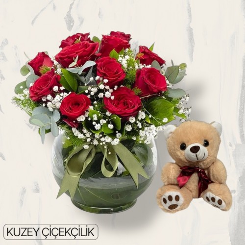 Akvaryumda 11 Kırmızı Gül Ayıcık