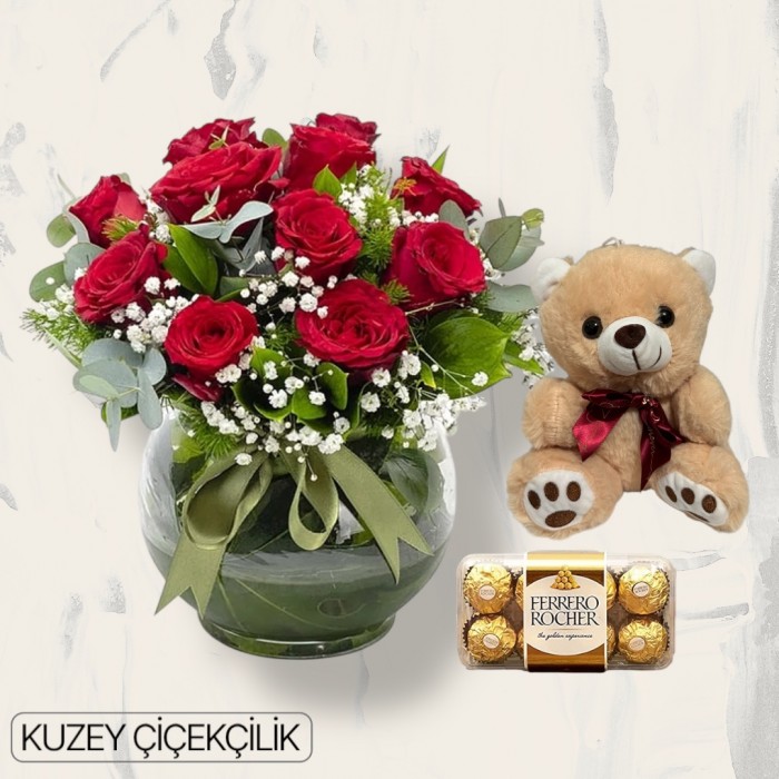 Akvaryumda 11 Kırmızı Gül Ayıcık 16lı Ferrero Çikolata