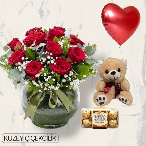 Akvaryumda 11 Kırmızı Gül Ayıcık 16'lı Ferrero Çikolata Kalp Helyum Balon