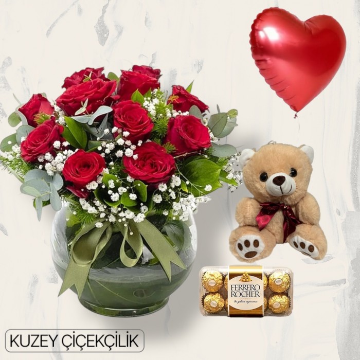 Akvaryumda 11 Kırmızı Gül Ayıcık 16lı Ferrero Çikolata Kalp Helyum Balon