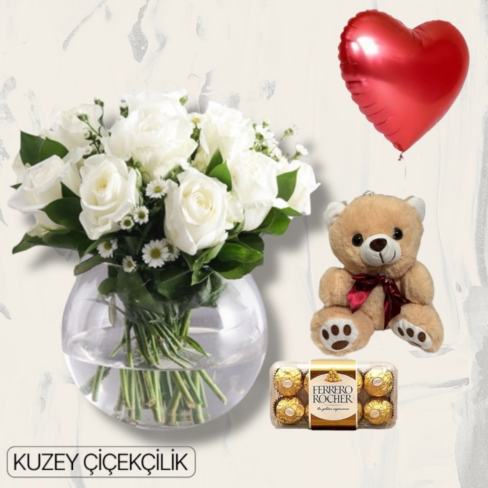 Akvaryumda 13 Beyaz Gül Ayıcık 16lı Ferrero Çikolata Kalp Helyum Balon