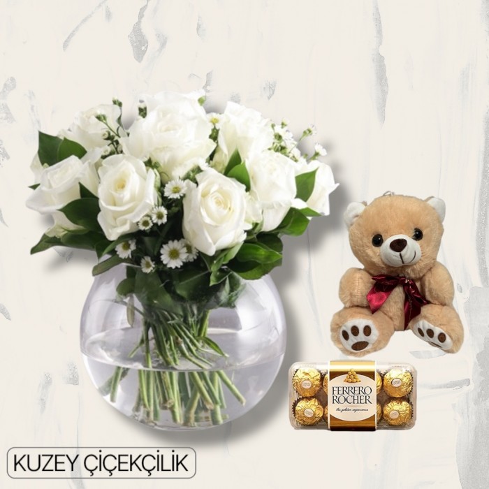 Akvaryumda 13 Beyaz Gül Ayıcık 16lı Ferrero Çikolata