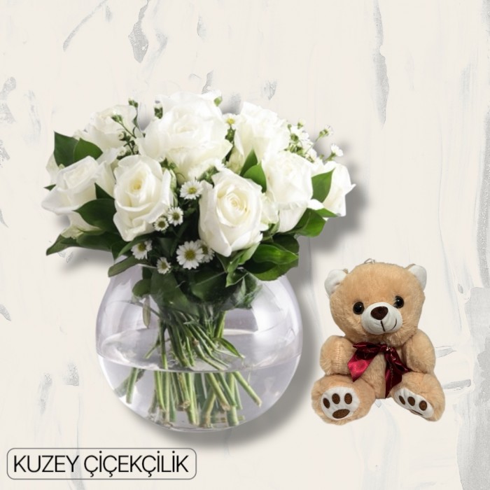 Akvaryumda 13 Beyaz Gül Ayıcık