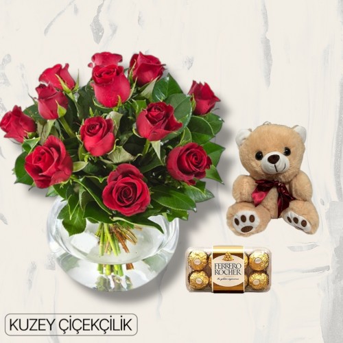 Akvaryumda 13 Kırmızı Gül Ayıcık 16'lı Ferrero Çikolata