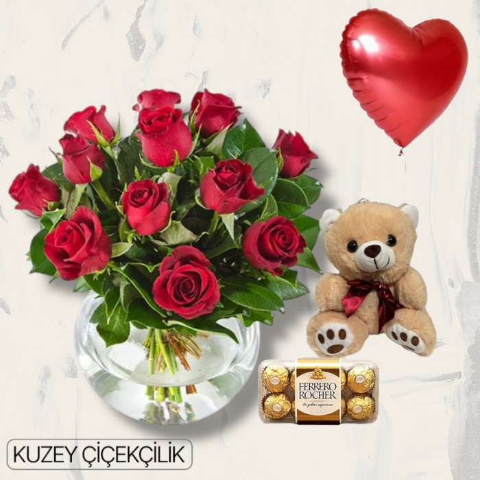 Akvaryumda 13 Kırmızı Gül Ayıcık 16lı Ferrero Çikolata Kalp Helyum Balon