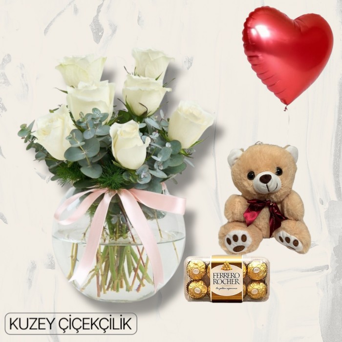 Akvaryumda 7 Beyaz Gül Ayıcık 16lı Ferrero Çikolata Kalp Helyum Balon