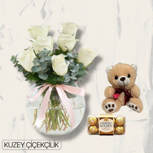 Akvaryumda 7 Beyaz Gül Ayıcık 16'lı Ferrero Çikolata