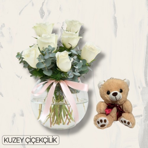 Akvaryumda 7 Beyaz Gül Ayıcık 