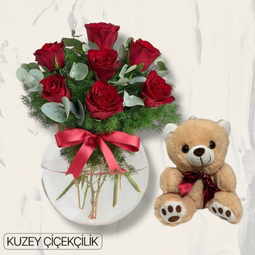 Akvaryumda 7 Kırmızı Gül Ayıcık