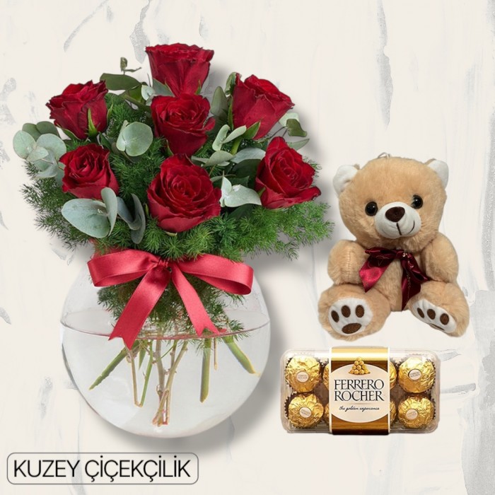 Akvaryumda 7 Kırmızı Gül Ayıcık 16lı Ferrero Çikolata