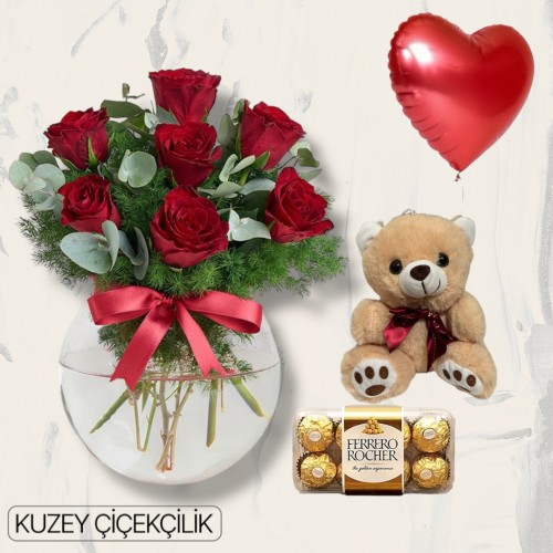 Akvaryumda 7 Kırmızı Gül Ayıcık 16'lı Ferrero Çikolata Kalp Helyum Balon