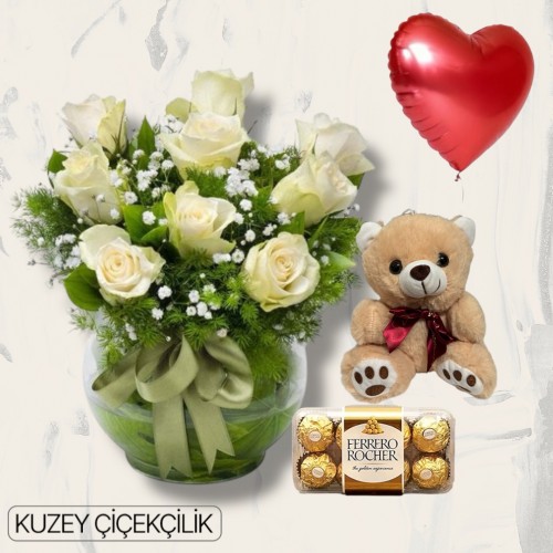 Akvaryumda 9 Beyaz Gül Ayıcık 16'lı Ferrero Çikolata Kalp Helyum Balon