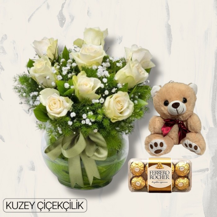 Akvaryumda 9 Beyaz Gül Ayıcık 16lı Ferrero Çikolata