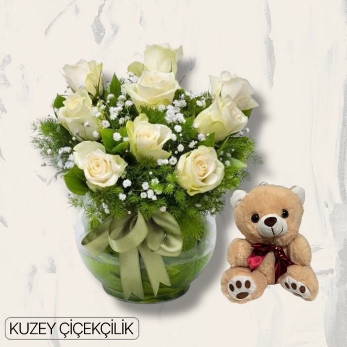 Akvaryumda 9 Beyaz Gül Ayıcık