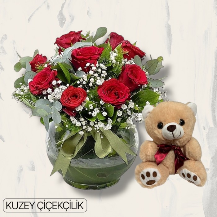 Akvaryumda 9 Kırmızı Gül Ayıcık