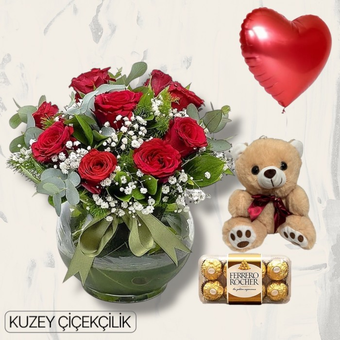 Akvaryumda 9 Kırmızı Gül Ayıcık 16lı Ferrero Çikolata Kalp Helyum Balon