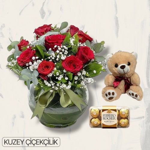 Akvaryumda 9 Kırmızı Gül Ayıcık 16'lı Ferrero Çikolata