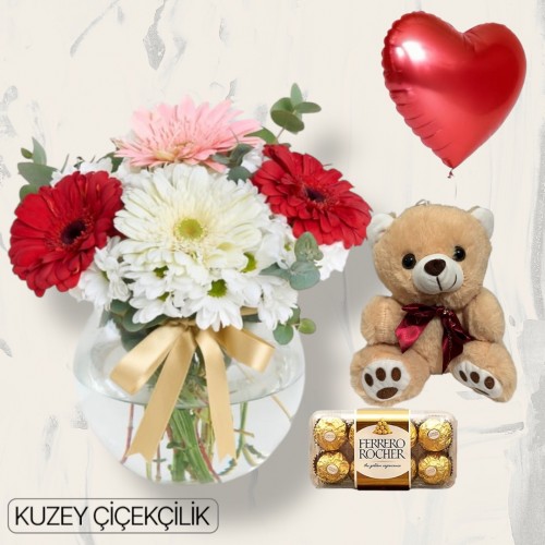 Akvaryumda Karışık Çiçek Ayıcık 16'lı Ferrero Çikolata Kalp Helyum Balon