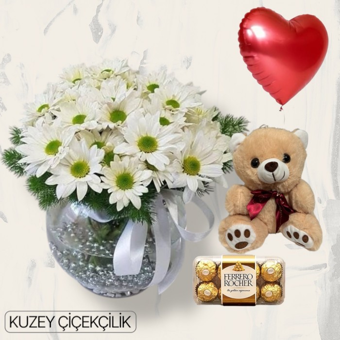 Akvaryumda Papatya Ayıcık 16lı Ferrero Çikolata Kalp Helyum Balon