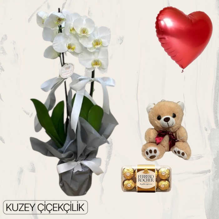 Çift Dal Beyaz Orkide Ayıcık 16lı Ferrero Çikolata Kalp Helyum Balon