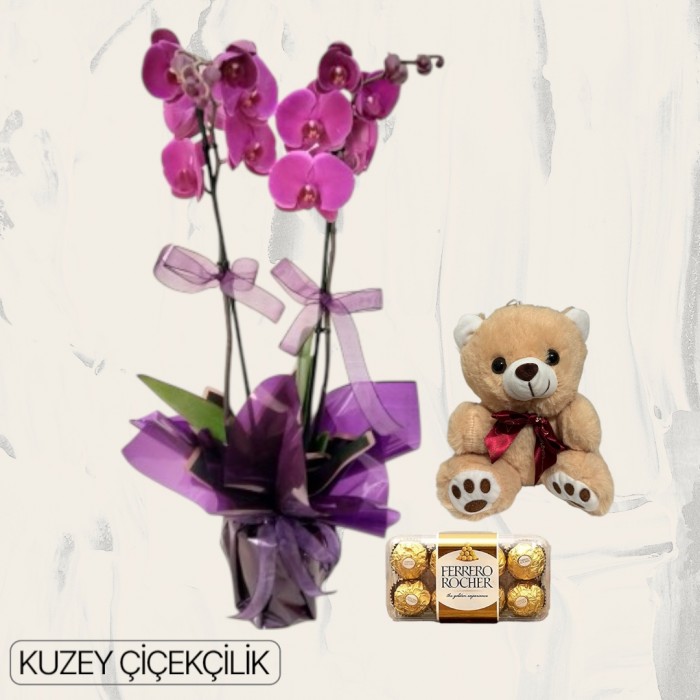 Çift Dal Mor Orkide Ayıcık 16lı Ferrero Çikolata