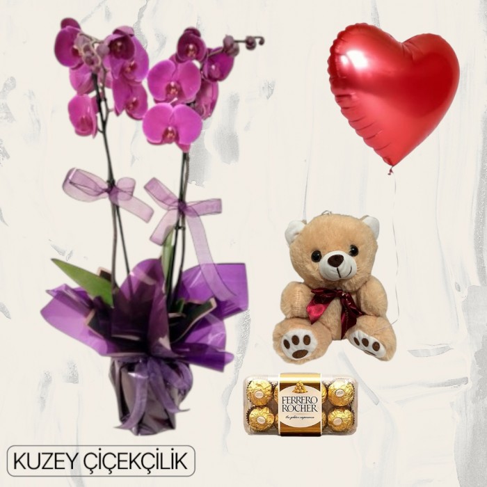 Çift Dal Mor Orkide Ayıcık 16lı Ferrero Çikolata Kalp Helyum Balon