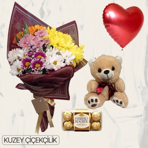 Karışık Mevsim Buketi Ayıcık 16'lı Ferrero Çikolata Kalp Helyum Balon