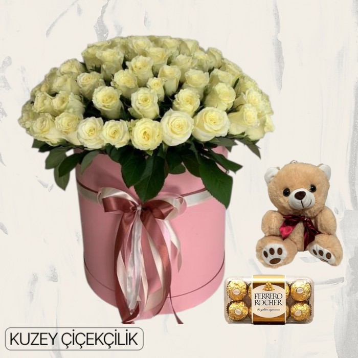 Kutuda 101 Beyaz Gül Ayıcık 16lı Ferrero Çikolata