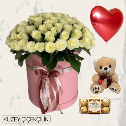 Kutuda 101 Beyaz Gül Ayıcık 16'lı Ferrero Çikolata Kalp Helyum Balon