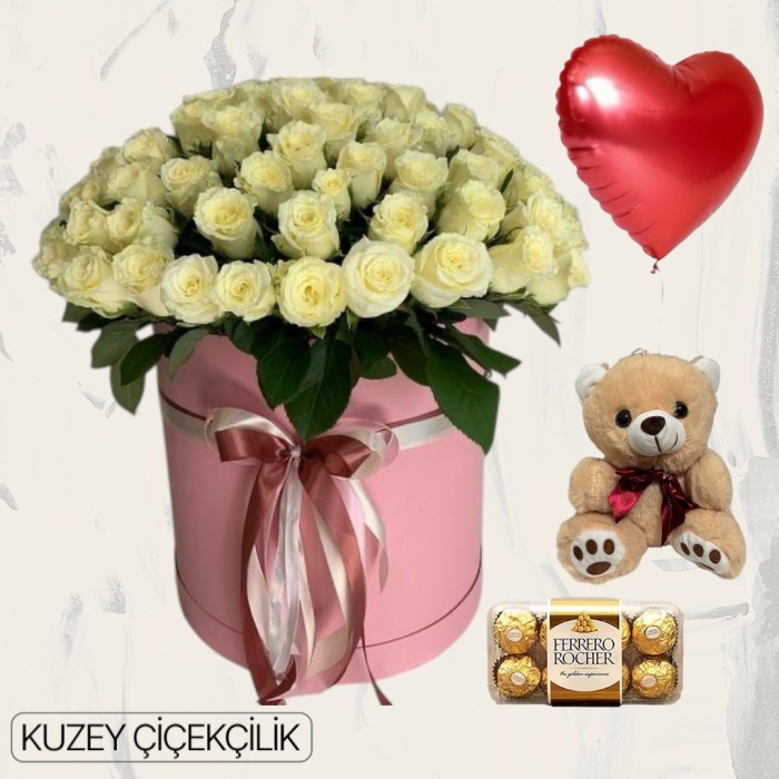 Kutuda 101 Beyaz Gül Ayıcık 16lı Ferrero Çikolata Kalp Helyum Balon