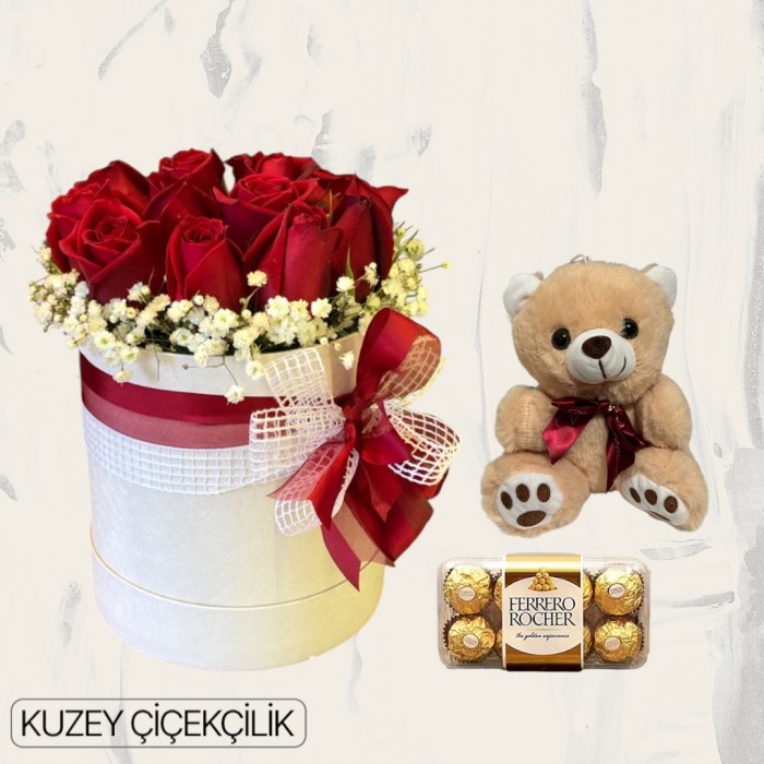 Kutuda 11 Kırmızı Gül Ayıcık 16lı Ferrero Çikolata