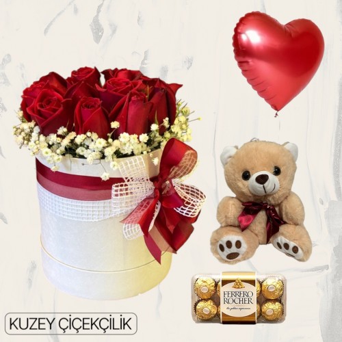 Kutuda 11 Kırmızı Gül Ayıcık 16'lı Ferrero Çikolata Kalp Helyum Balon