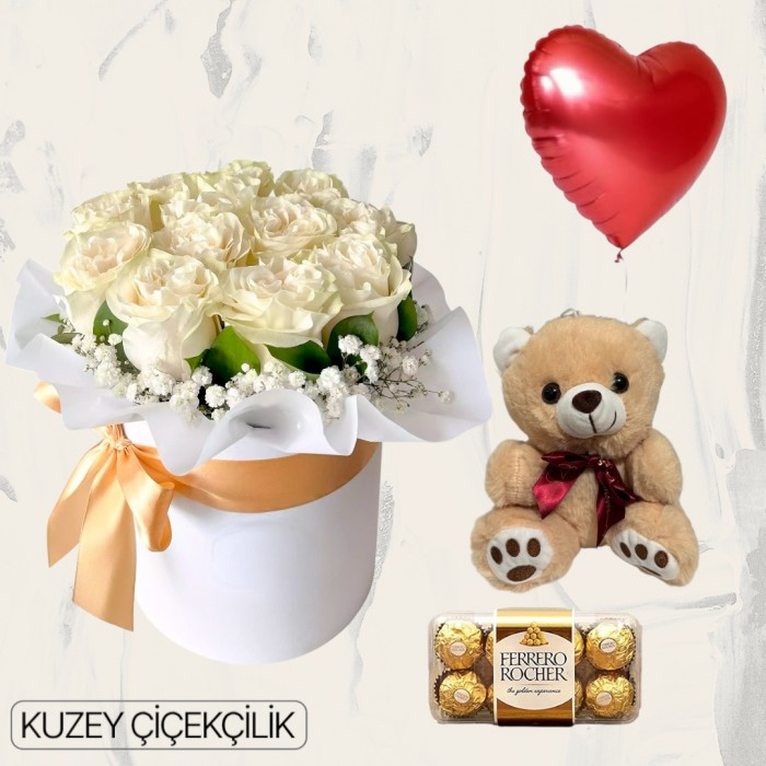 Kutuda 11 Beyaz Gül Ayıcık 16lı Ferrero Çikolata Kalp Helyum Balon