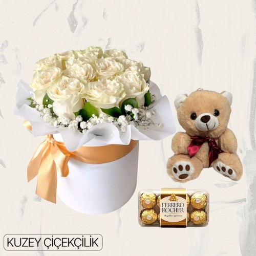Kutuda 11 Beyaz Gül Ayıcık 16'lı Ferrero Çikolata
