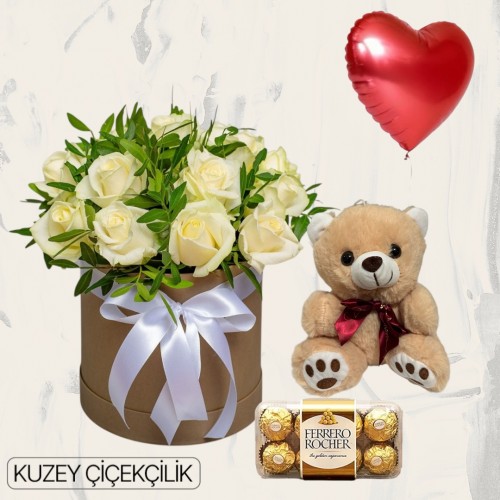 Kutuda 17 Beyaz Gül Ayıcık 16'lı Ferrero Çikolata Kalp Helyum Balon